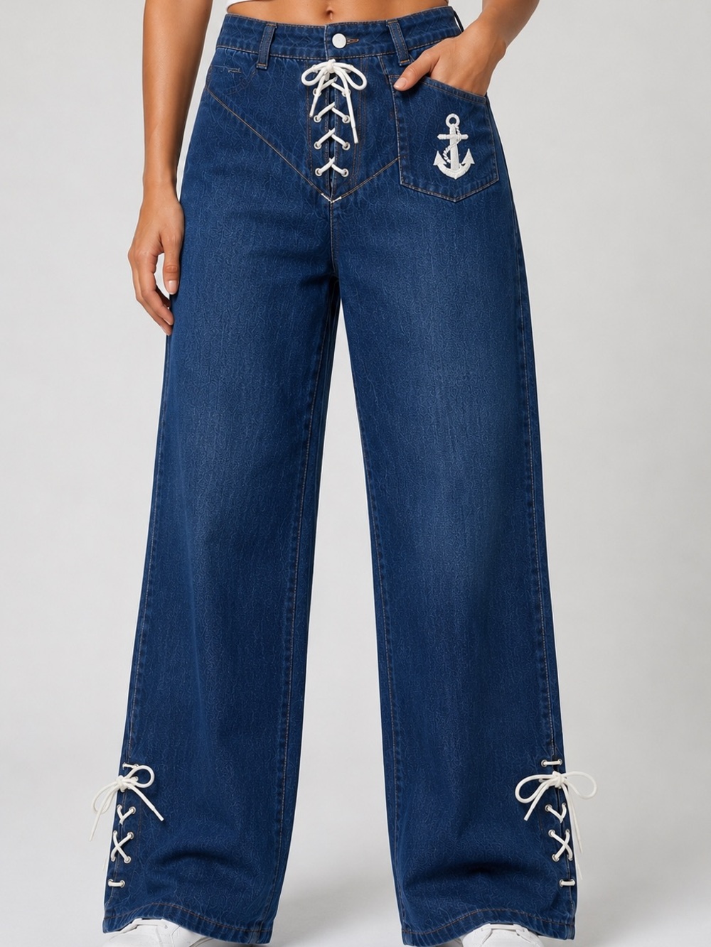 Vintage 90s Lace Up Nautical Jeans High Rise Anchor Corset Denim Made in USA 28